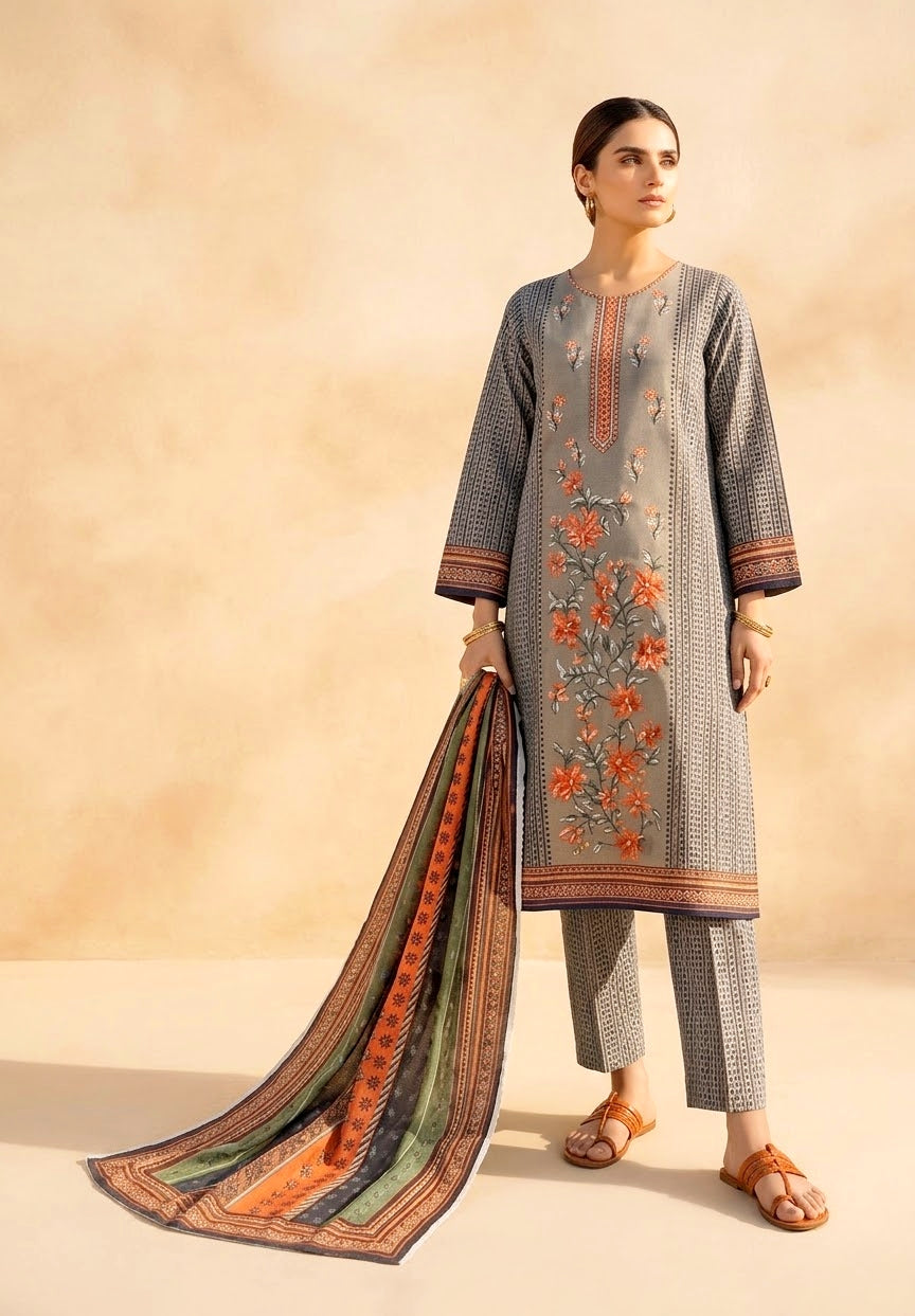 SP-BQ02 Embroidered & Printed Khaddar Suit 3pc with Khaddar Digital Printed Shawl - Shaa Posh