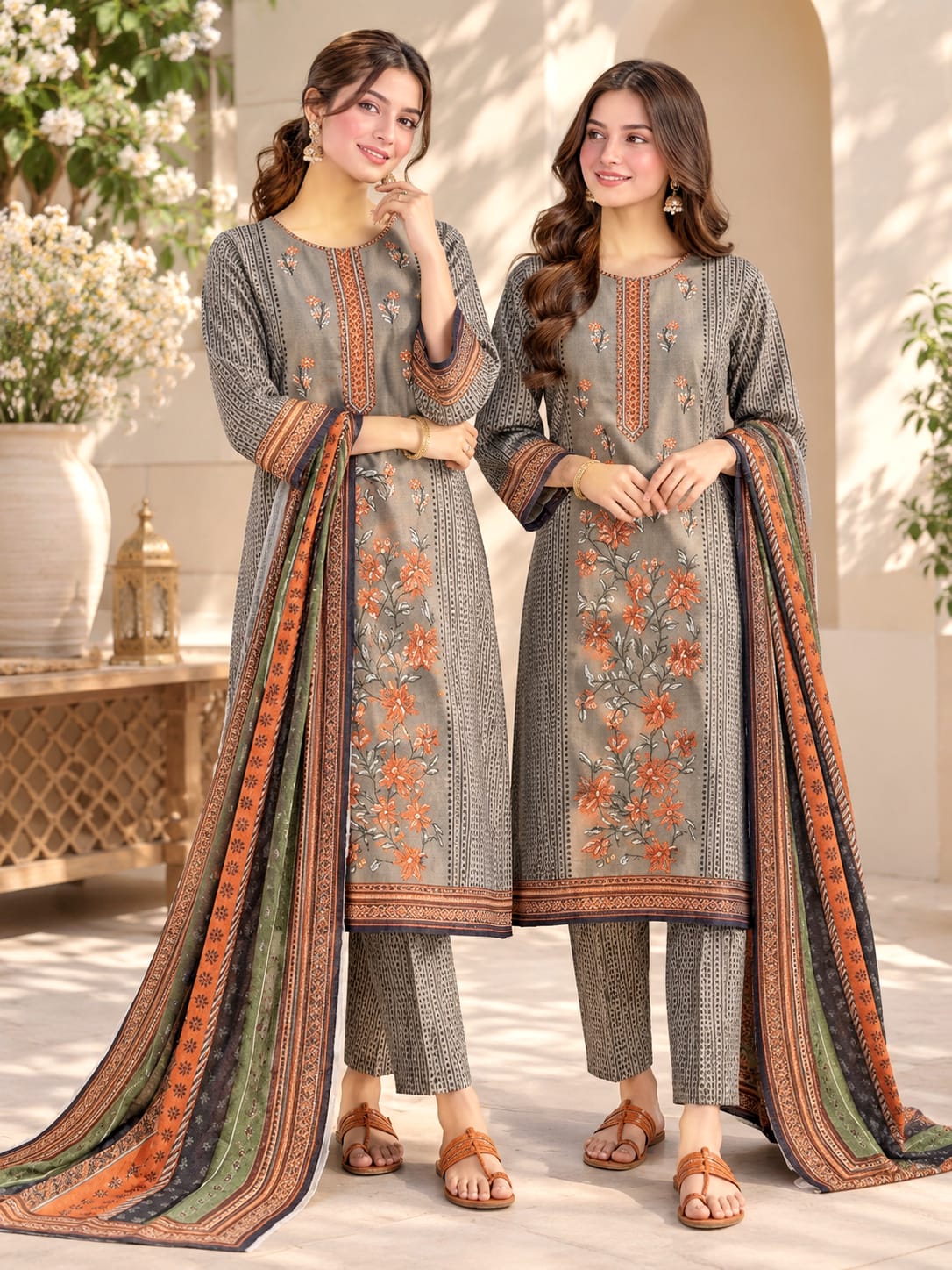 Embroidered and printed Khaddar suit 3-piece set with digital printed shawl by Shaa Posh, featuring intricate embroidery and vibrant prints.