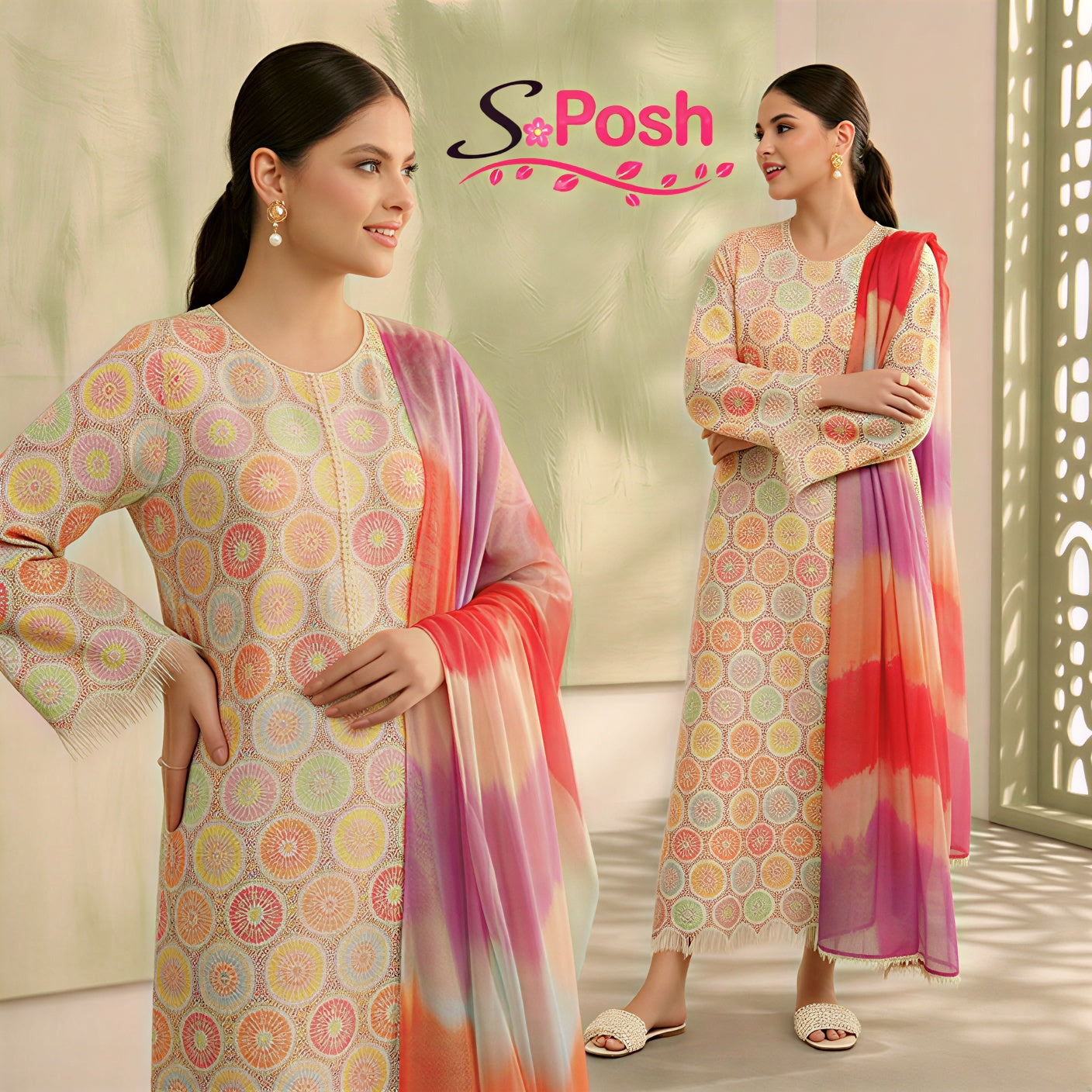 Unstitched digital lawn 3-piece suit by Shaa Posh with digital crinkle dupatta, featuring vibrant prints and elegant fabric details.