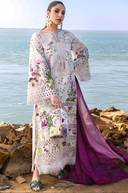 Digital printed lawn suit 3-piece by Shaa Posh featuring embroidered cotton net dupatta and unstitched fabric for customization.