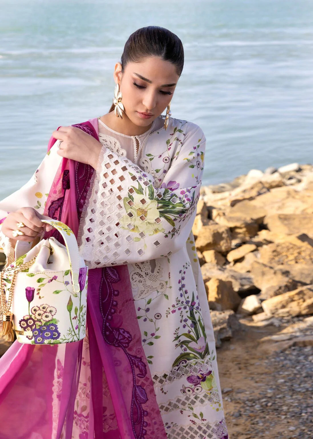 Shaaposh SP-CS202 unstitched digital printed lawn suit 3-piece with embroidered cotton net dupatta, featuring colorful floral design.