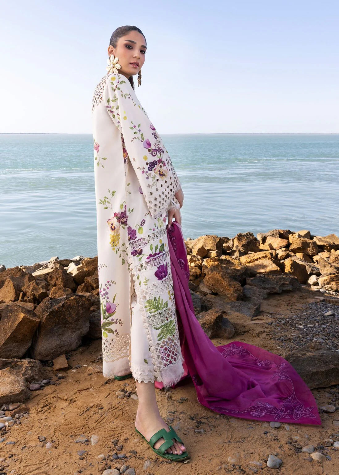 Unstitched digital printed lawn suit 3-piece set by Shaa Posh with embroidered accents and a cotton net dupatta.