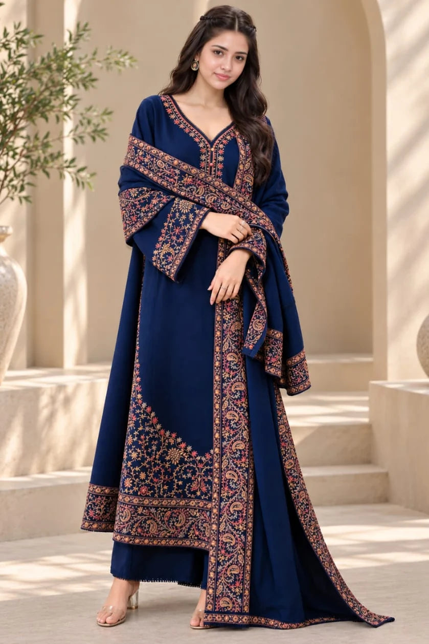 SP-BT2880(A) Unstitched Fully Embroidered Dhanak Suit With Embroidered Dhanak Shawl