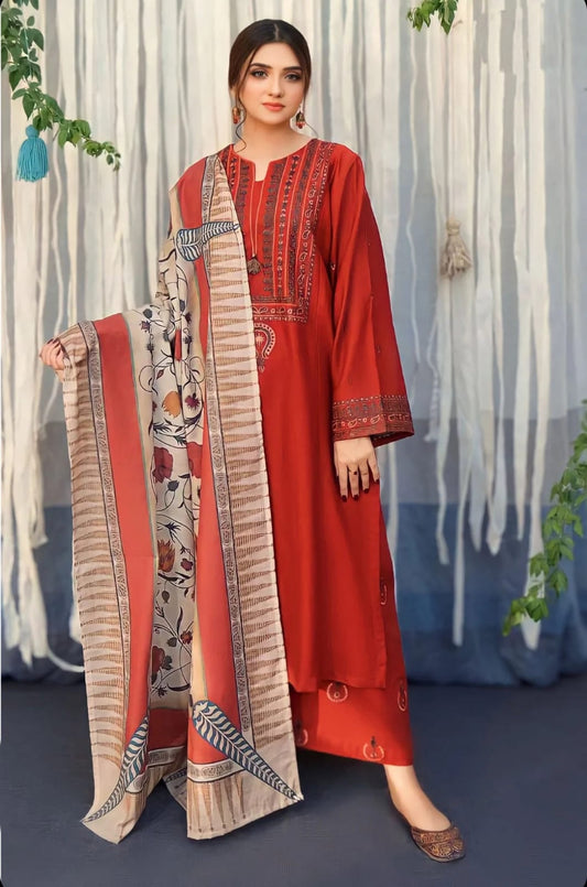 SP-845 Dhanak Embroidered Suit With Digital Printed Wool Shawl - Shaa Posh