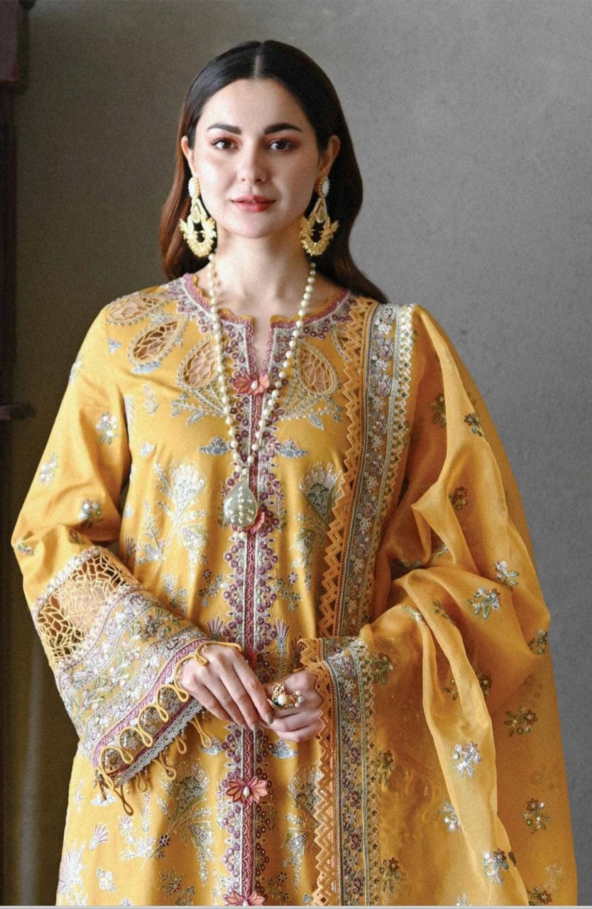 SP-2510 Unstitched Fully Embroided Lawn Suit With Organza Embroidered Dupatta - Shaa Posh