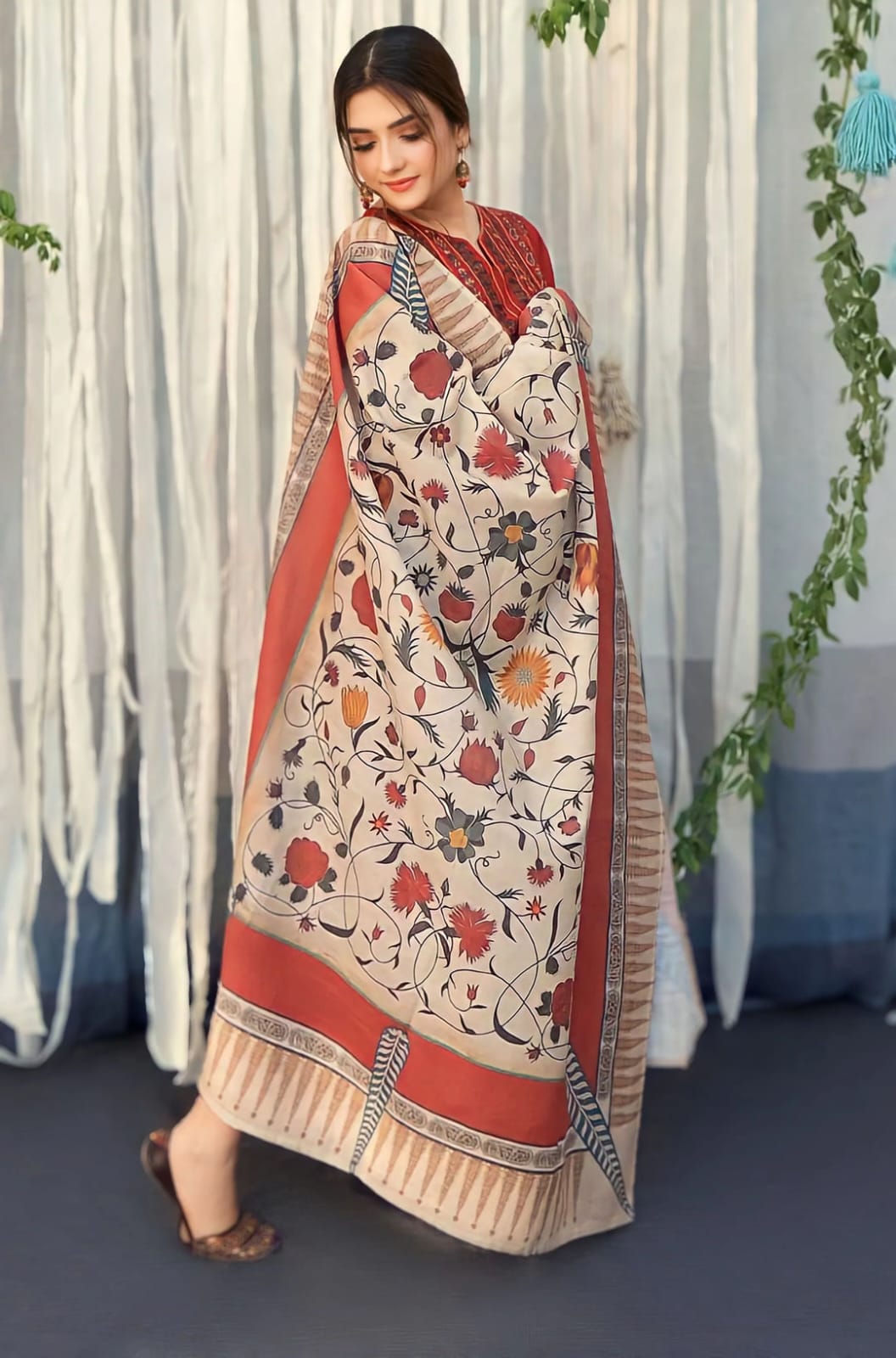 SP-845 Dhanak Embroidered Suit With Digital Printed Wool Shawl - Shaa Posh