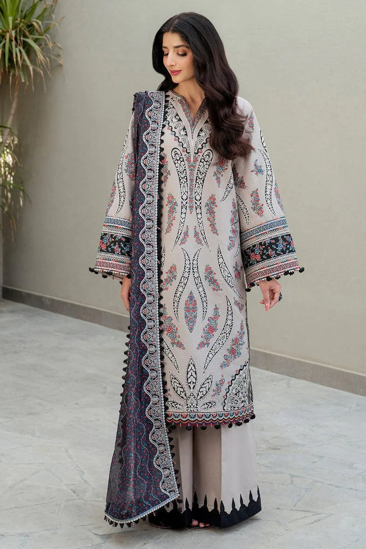 Embroidered 3-piece lawn unstitched suit by Shaa Posh with floral embroidery and a soft digital printed monar dupatta.