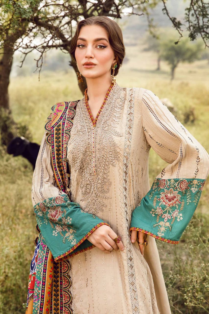 SP-MB2580 Lawn Unstitched Embroidered 3pc Suit With Poly Lawn Printed Dupatta - Shaa Posh