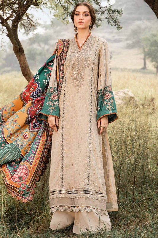 SP-MB2580 Lawn Unstitched Embroidered 3pc Suit With Poly Lawn Printed Dupatta - Shaa Posh