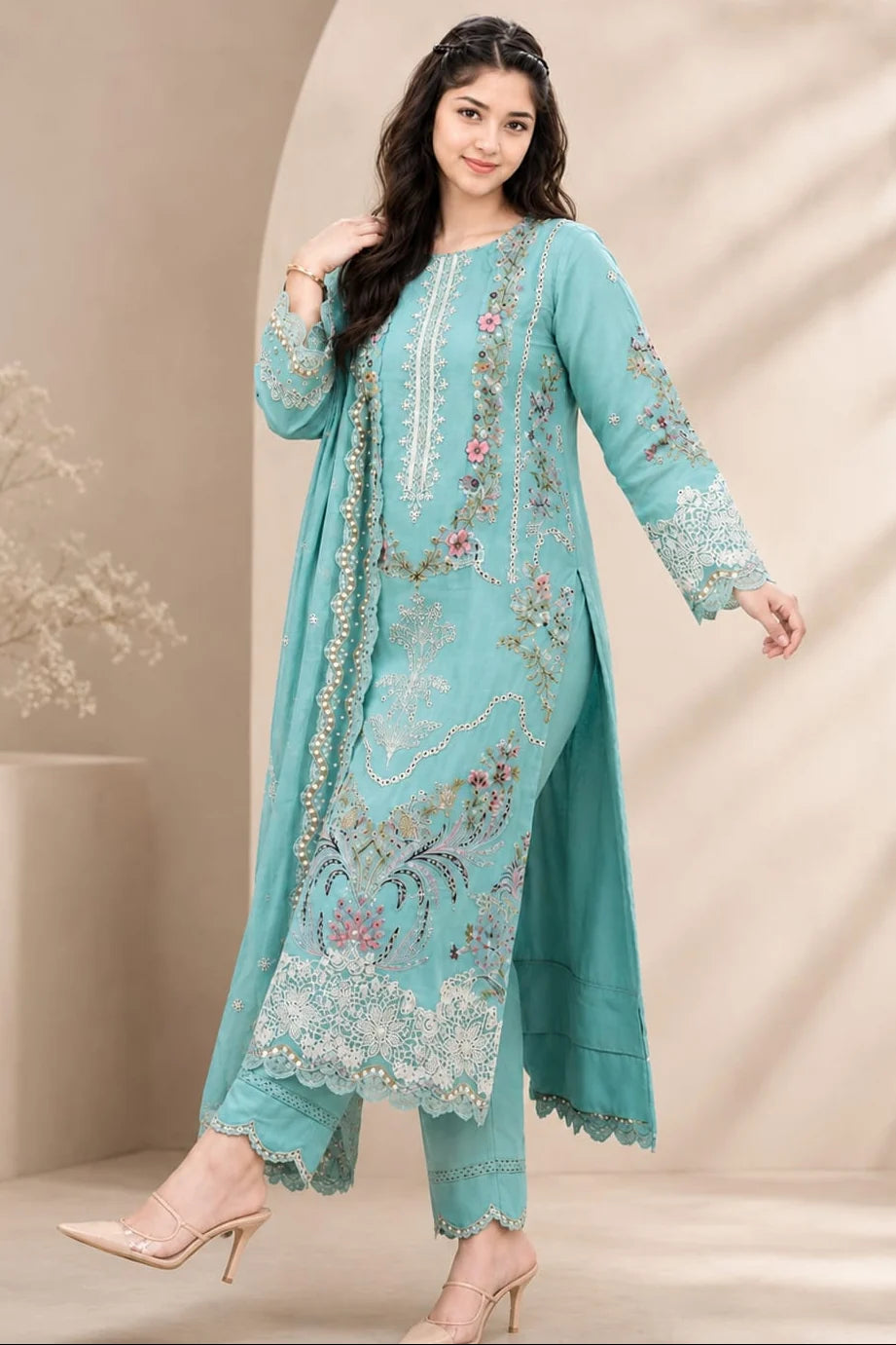 SP-AS2736(D) Dhanak Unstitched Embroidered 3pc Suit With Dhanak Embroidered Shawl