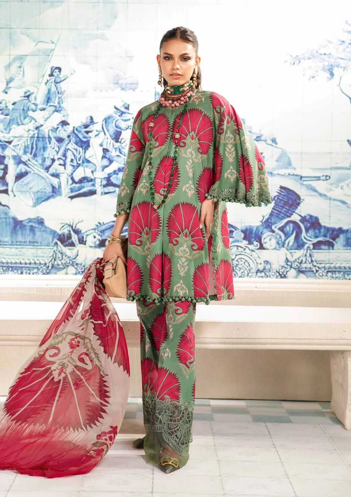 Shaa Posh SP-MB444 unstitched 3-piece lawn suit with digital printed fabric and matching digital printed dupatta, displayed flat.