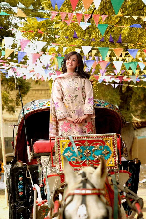 Fully embroidered SP 30 lawn suit with printed Monar dupatta by Shaa Posh, showcasing intricate embroidery and vibrant fabric details.