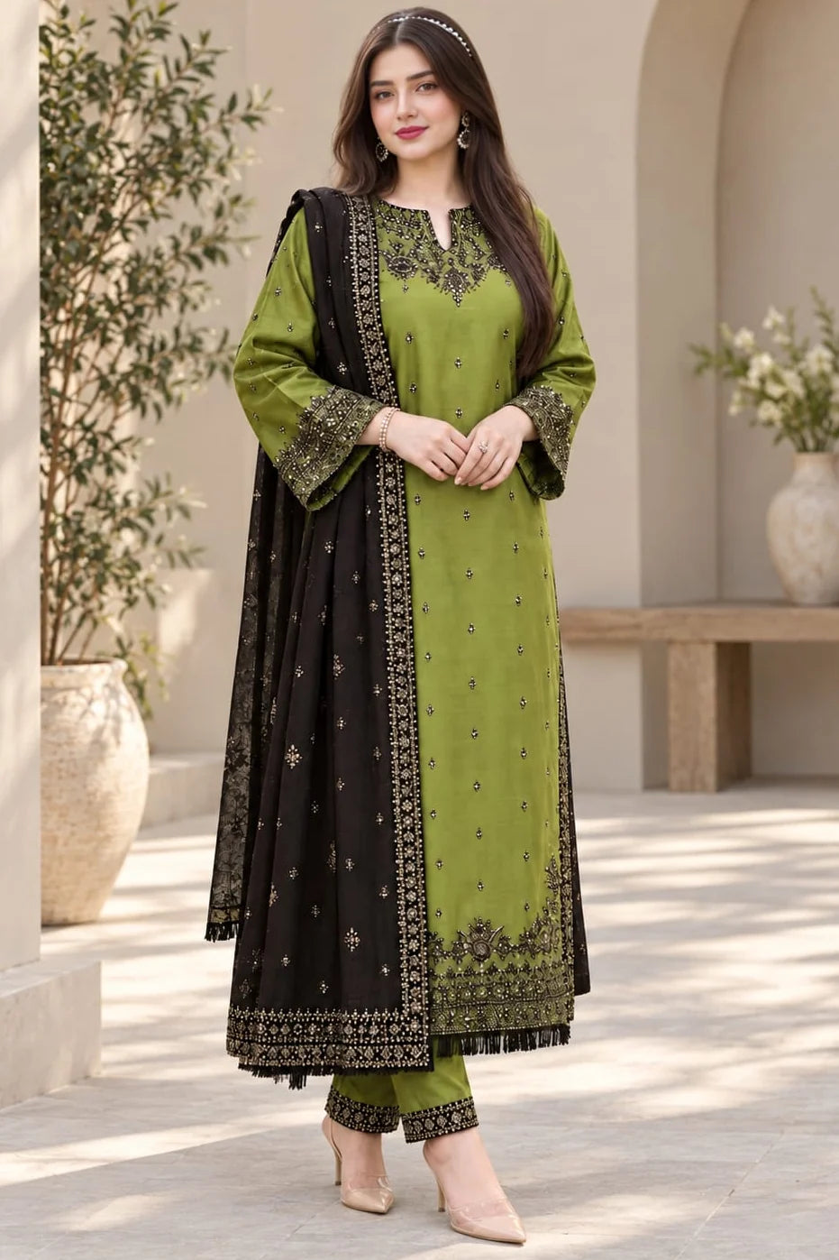 SP-BT2400 Dhanak Embroidered 3pc Suit With Dhanak Embroidered Shawl