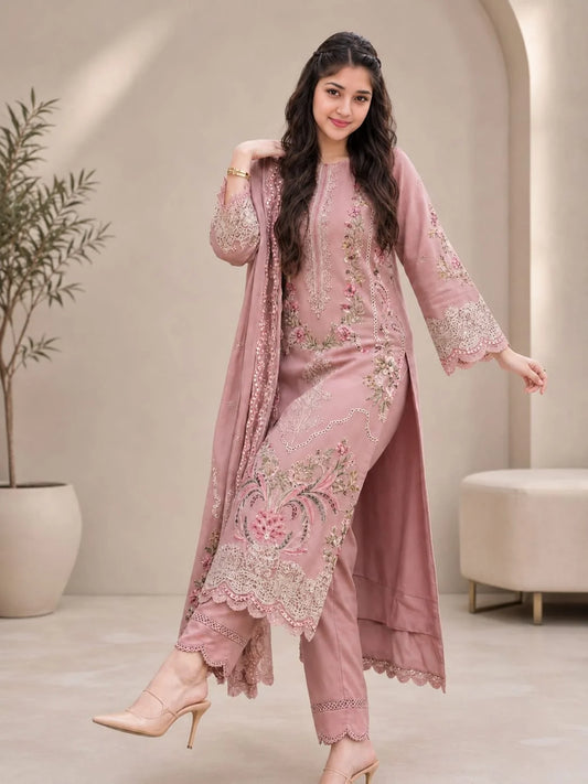 SP-AS2735(D) Luxury Dhanak Unstitched Embroidered 3pc Suit With Dhanak Embroidered Dupatta
