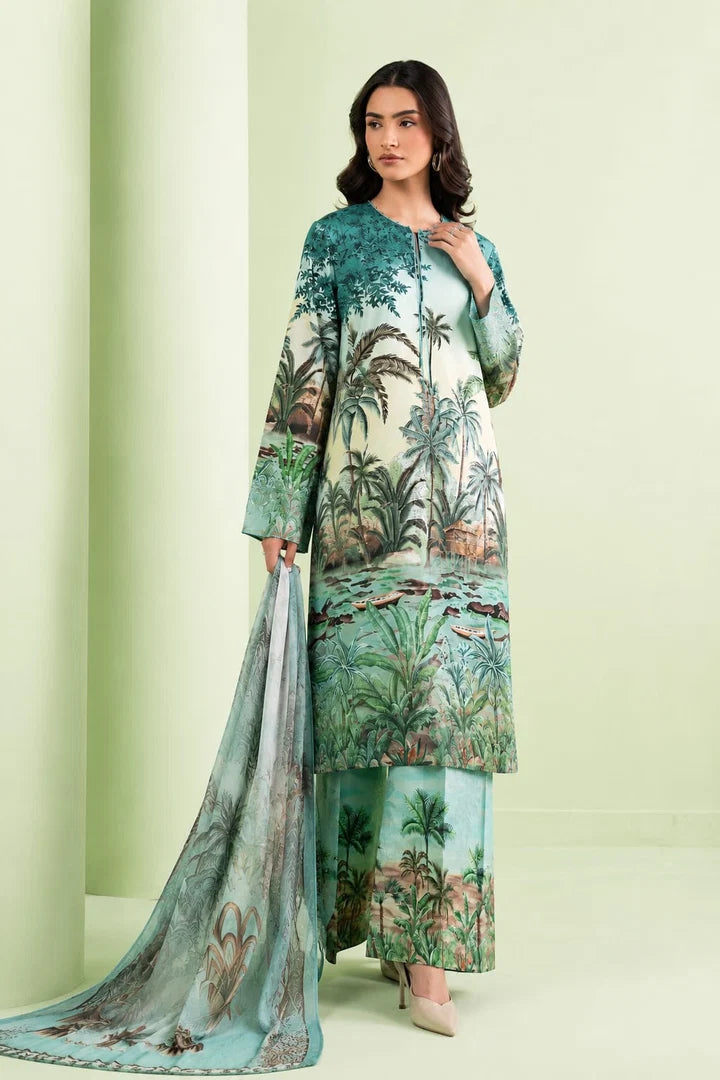 Digital printed lawn suit 3-piece set with matching dupatta by Shaa Posh, featuring vibrant floral and geometric patterns.