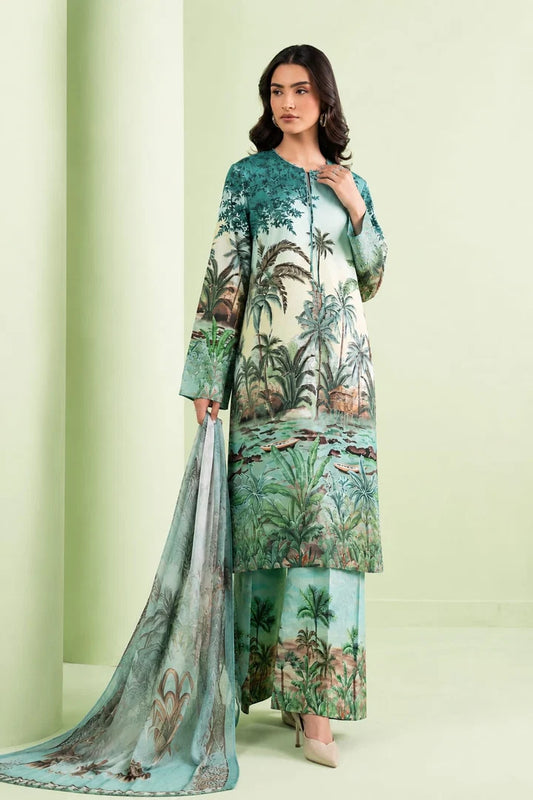 Digital printed lawn suit 3-piece set with matching dupatta by Shaa Posh, featuring vibrant floral and geometric patterns.