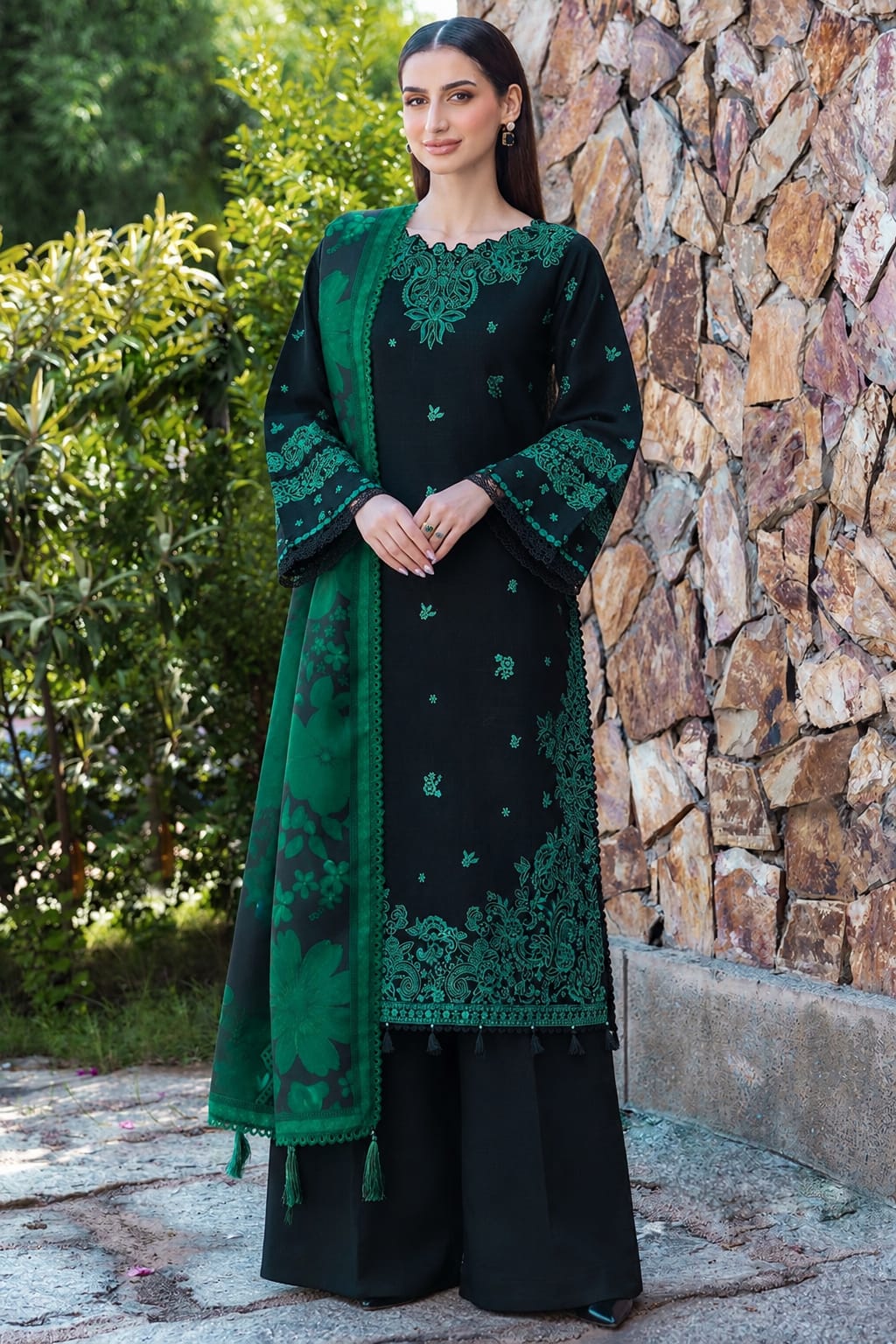 SP-BQ150 3Pc Un-Stitched Dhanak Embroidered Suit With Digital Printed Poly Wool Shawl