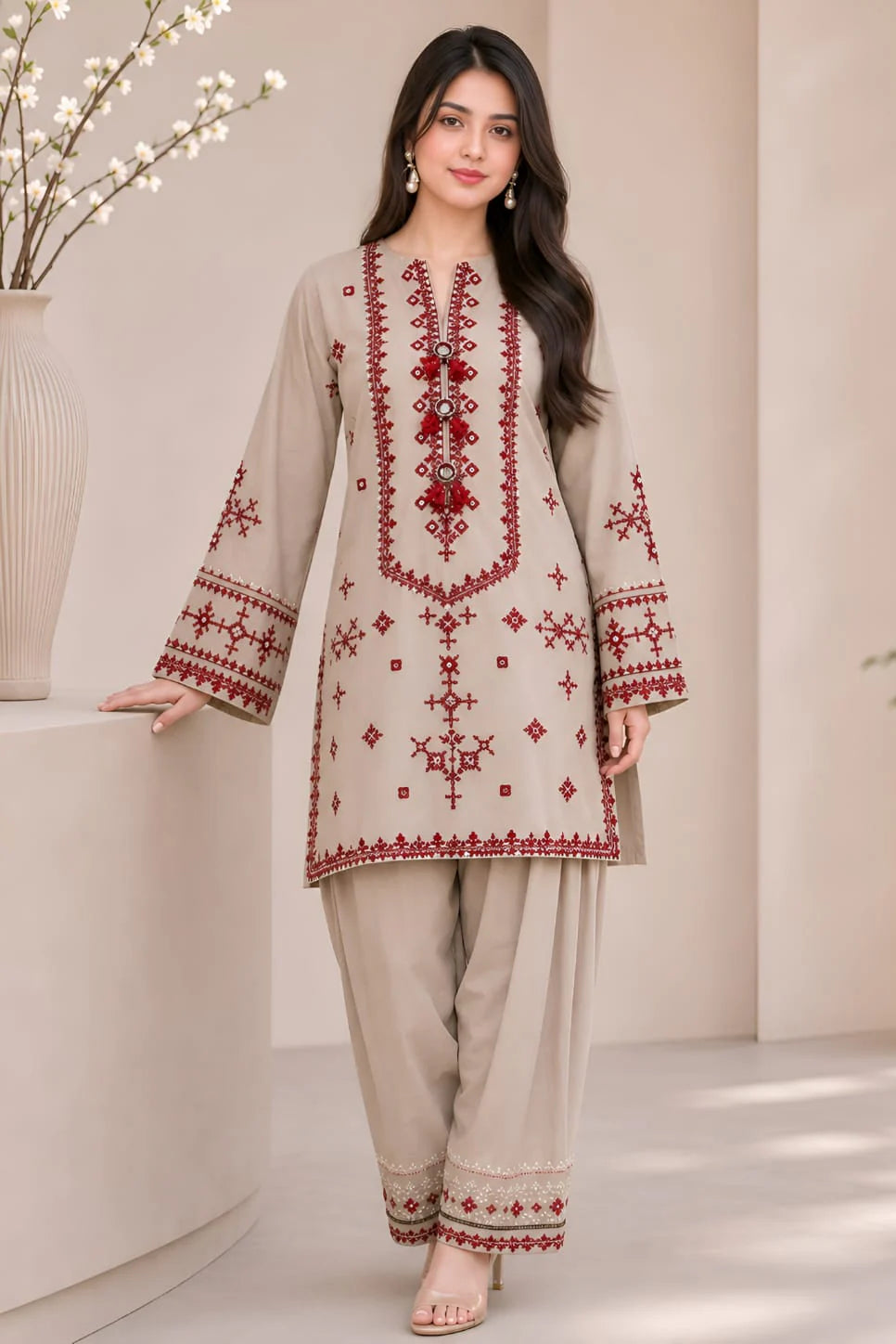 Shaa Posh SP-MB2820 lawn embroidered 2-piece trouser set with detailed floral embroidery on fabric, showcasing intricate embroidery design.