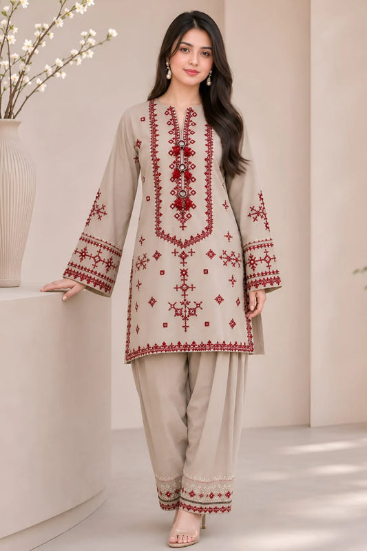 Shaa Posh SP-MB2820 lawn embroidered 2-piece trouser set with detailed floral embroidery on fabric, showcasing intricate embroidery design.