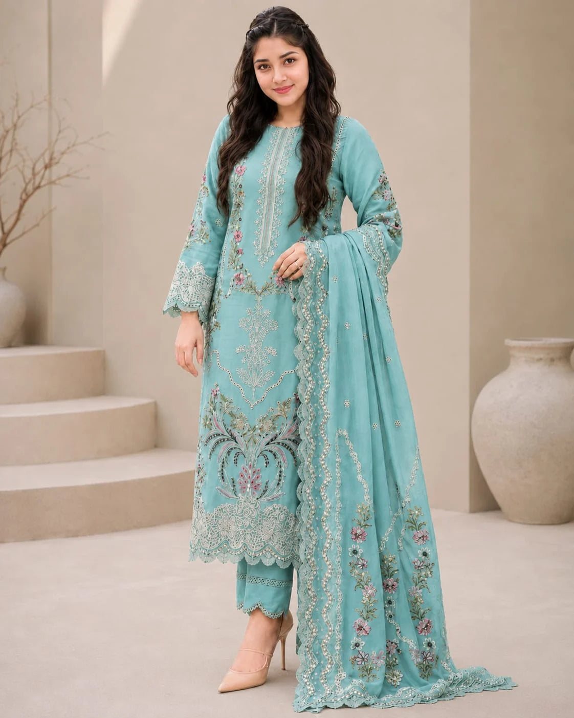SP-AS2736(D) Dhanak Unstitched Embroidered 3pc Suit With Dhanak Embroidered Shawl
